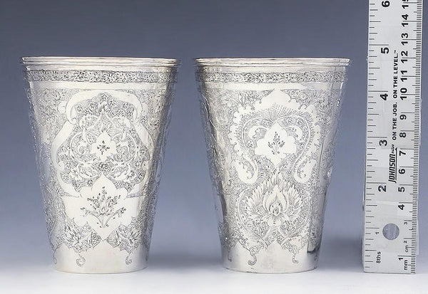 4 Antique c1920 Persian 850-900 Silver Heavy Weight Hand Engraved Beaker Cups