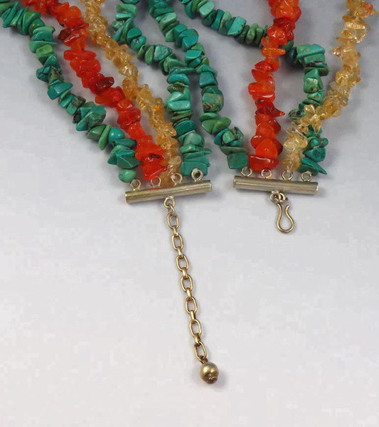 Colorful Multi Strand Gem Torsade Twist Necklace Turquoise Carnelian Citrine