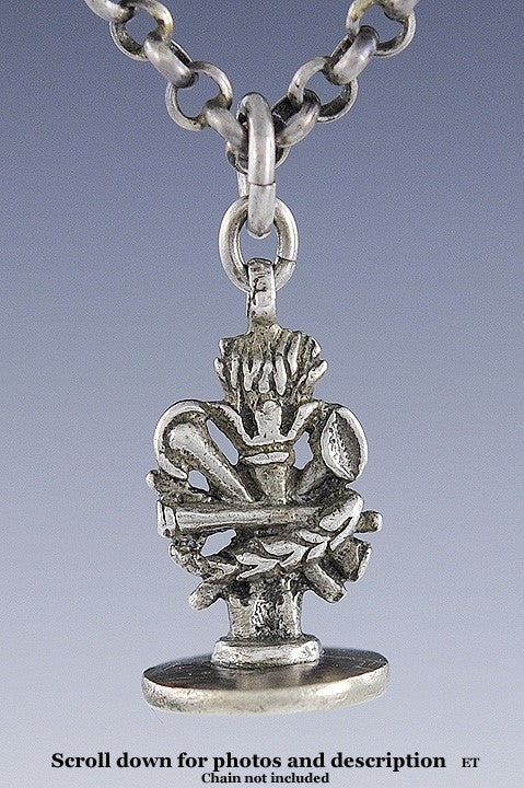 Antique Turkish Silver Engraved Trumpet & Flame Fob Seal Charm