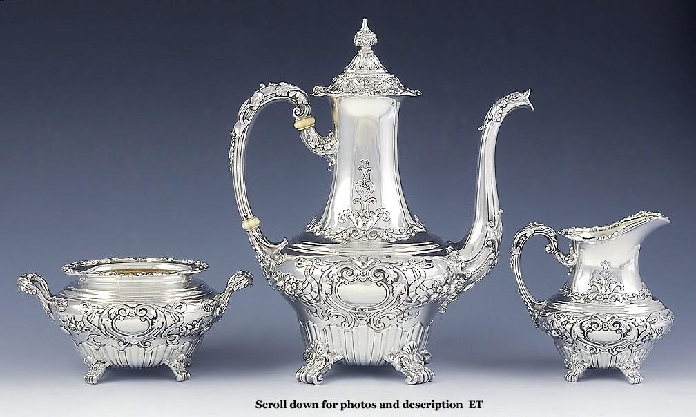 3pc Ornate Gorham Sterling Silver Demitasse Tea Coffee Set c1900