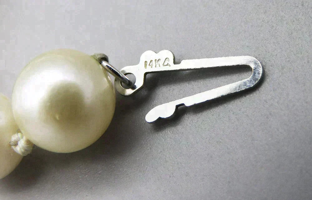 Vintage 7.2mm Pearl Necklace Individually Knotted 14K Gold Filigree Clasp
