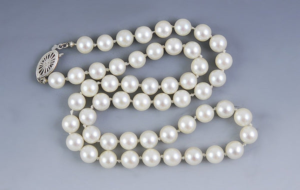 Fine Individually Knotted Strand of Pearls w/ 14K Filigree Clasp Necklace