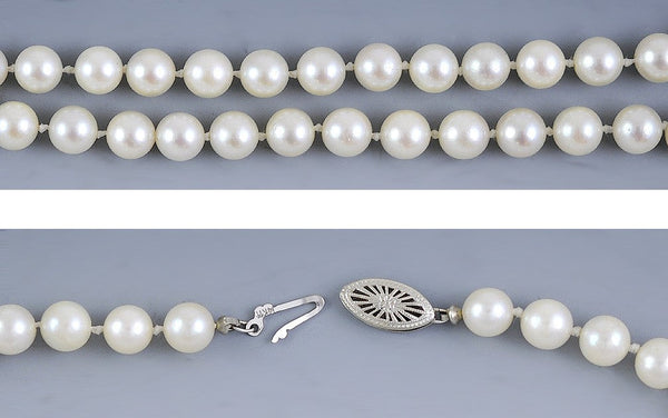 Fine Individually Knotted Strand of Pearls w/ 14K Filigree Clasp Necklace