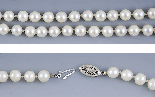 Fine Individually Knotted Strand of Pearls w/ 14K Filigree Clasp Necklace