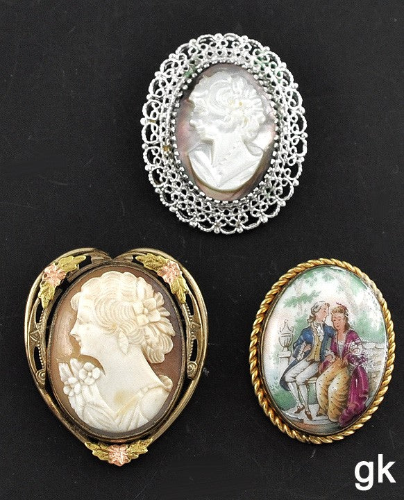 3 Pins Gold Filled and Sterling Silver Frames Cameos and Limoges Medallion