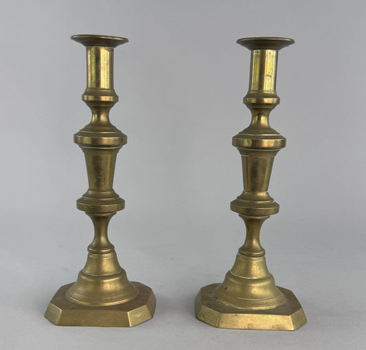 Pair English Victorian c1850s Brass Table Candlesticks 10.5" Cut Corner Bases