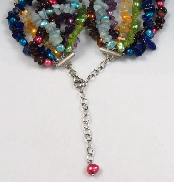 Lovely Rainbow Multistrand Gemstone Beaded Necklace Amethyst Topaz Peridot Lapis