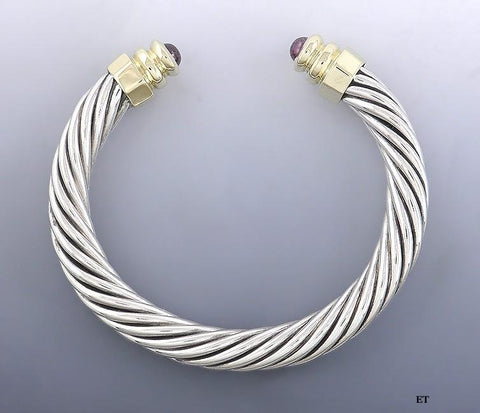 Sterling Silver 14k Gold Pink Tourmaline Cable Twist Torc Bangle Bracelet