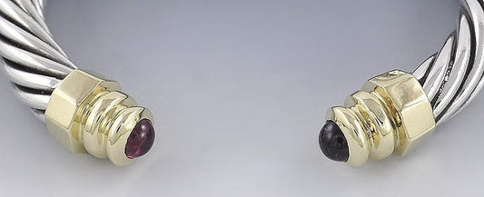 Sterling Silver 14k Gold Pink Tourmaline Cable Twist Torc Bangle Bracelet