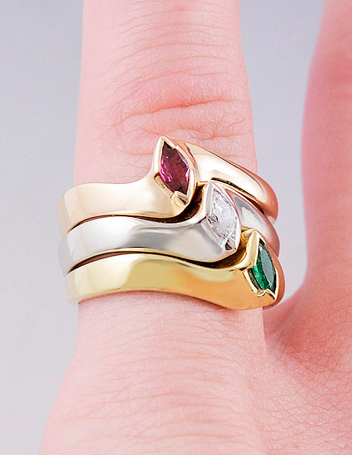 Eye-Catching Tri-Color 18k Gold Diamond Ruby & Emerald Triple Ring