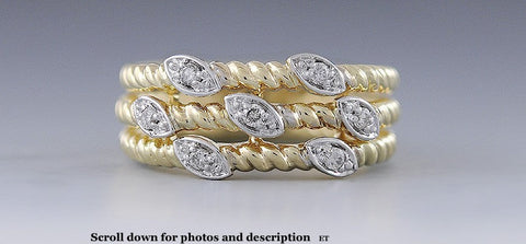Stunning 14K Yellow Gold Band Rope Twist Diamond Ring Size 6.5