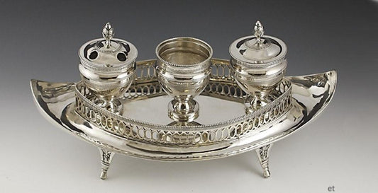 Antique Mid 1800s German Silver Footed Inkwell Pen Holder Desk Set