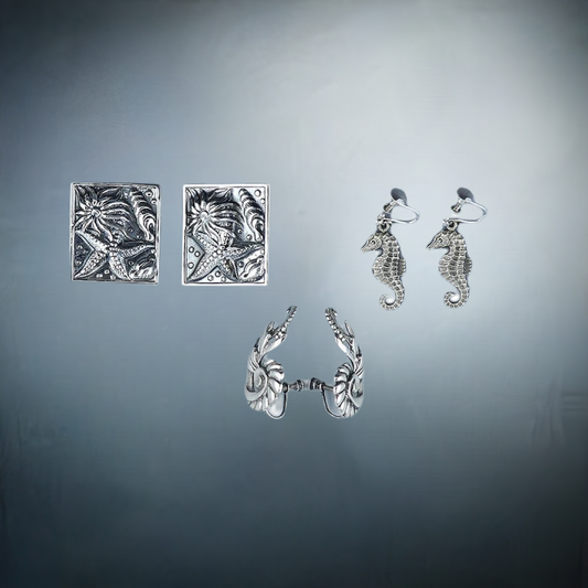 3 Pairs Sterling Silver Seahorse Shell Coral Reef Ocean Nautical Beach Earrings