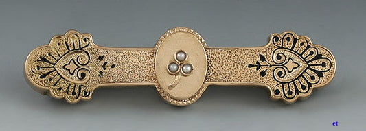 Victorian c1865 14k Rose Gold Enamel Pearl Bar Pin Brooch