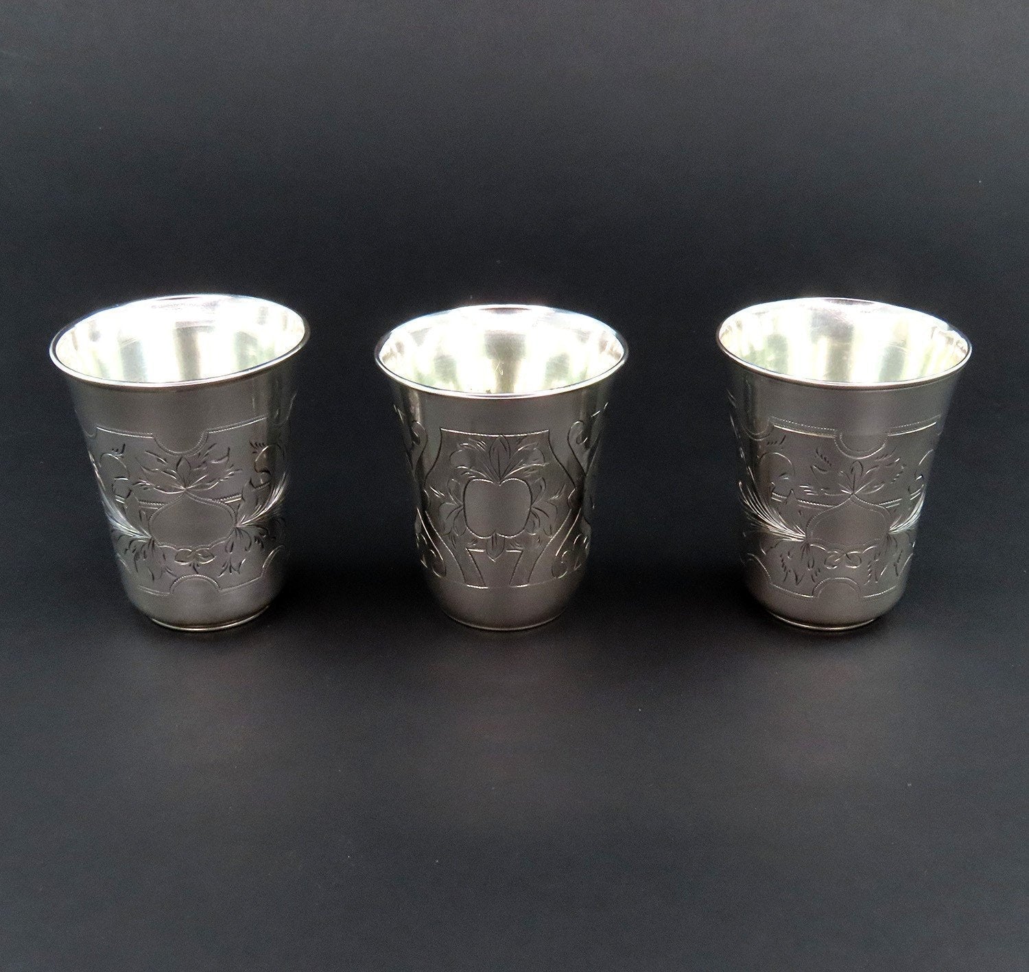 3 Beautiful 1881/2 Russian 875 Silver Classic Vodka Cups No Monos 2 1/4" Tall