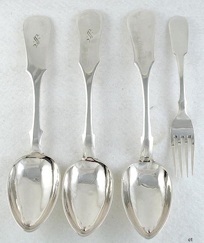 Antique 1880s Russian Silver Fiddle 3 Spoons 1 Fork Flatware Set