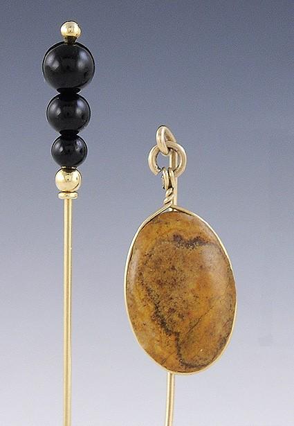 Lovey Pair of Gem Set 14k Yellow Gold Stickpins Onyx and Jasper