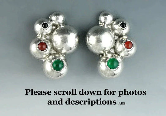 Mexico Sterling Silver Black Onyx Green Chrysoprase Red Carnelian Clip Earrings