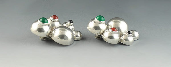 Mexico Sterling Silver Black Onyx Green Chrysoprase Red Carnelian Clip Earrings