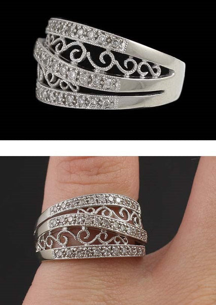 Pretty 14K White Gold & Brilliant Diamond Openwork Filigree Ring Size 6.75