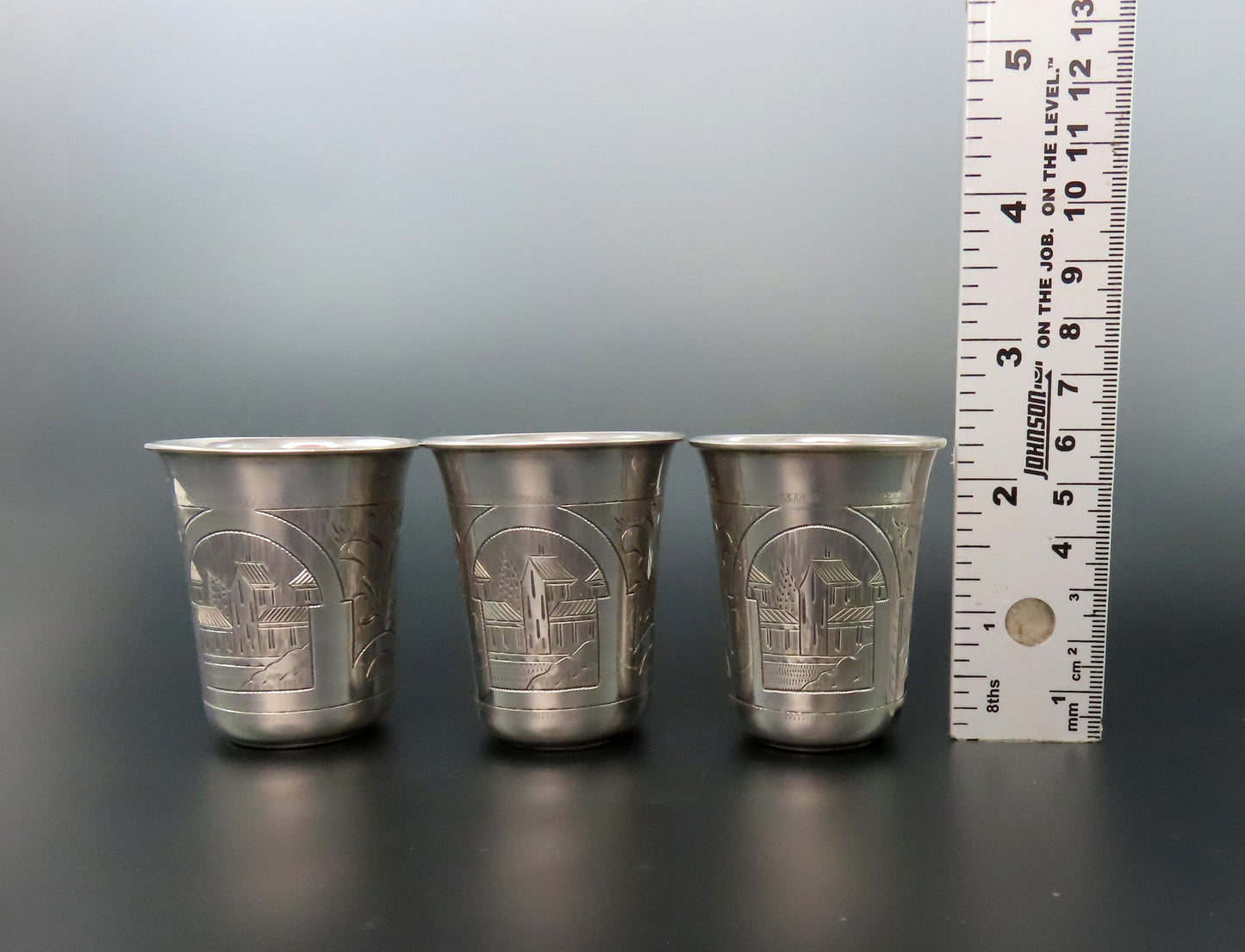 3 Beautiful Russian 1882 Vodka Cups No Mono Classic Engravings 2 1/4" Tall