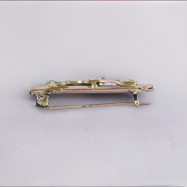 American C1900 Vintage 10k 14k 2-Tone Gold Pearl Leaf Bar Pin