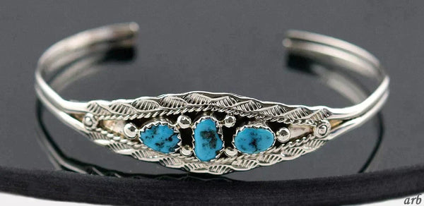 Small Size Modern Sterling Silver U.S. Southwest Cuff Bracelet 3 Blue Turquoise