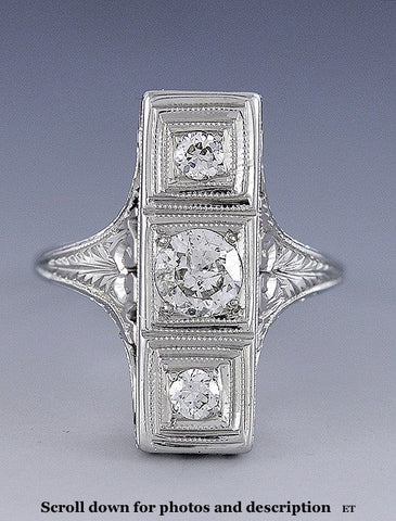 Pretty Antique Edwardian/Art Deco Hand-Engraved 18K White Gold & Diamond Ring