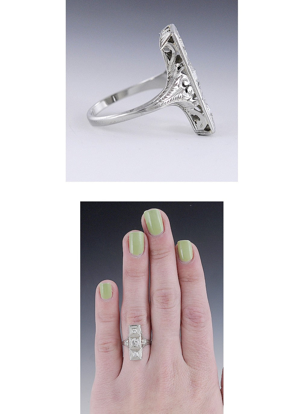 Pretty Antique Edwardian/Art Deco Hand-Engraved 18K White Gold & Diamond Ring