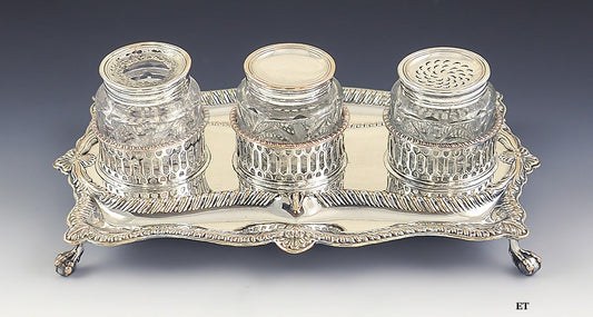 Late 1700s Fine Old Sheffield Silver Plate Desk Set Sander Inkwell Tray