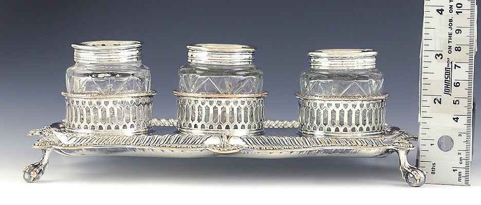 Late 1700s Fine Old Sheffield Silver Plate Desk Set Sander Inkwell Tray