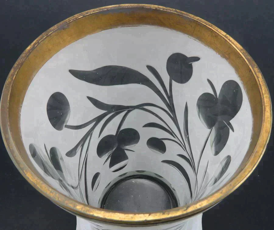 Antique Bohemian White Cut to Clear Crystal Floral Vase Glass