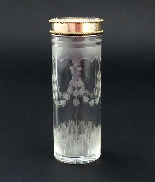 1927 English Sterling Silver Gilt Cut Glass 4.75" Tall Cylindrical Dresser Jar