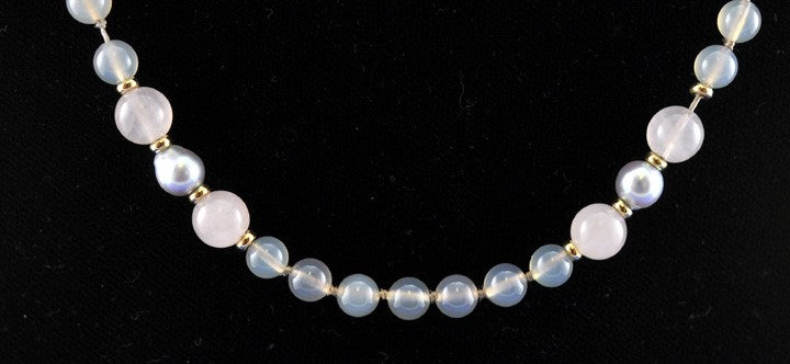 Rose Quartz, Agate and Pearl Necklace w/14K Gold Beads