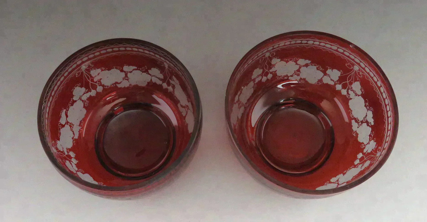 Beautiful Pair Antique Mid 1800s Bohemian Red Ruby Cut Glass Dessert Bowls (4/6)