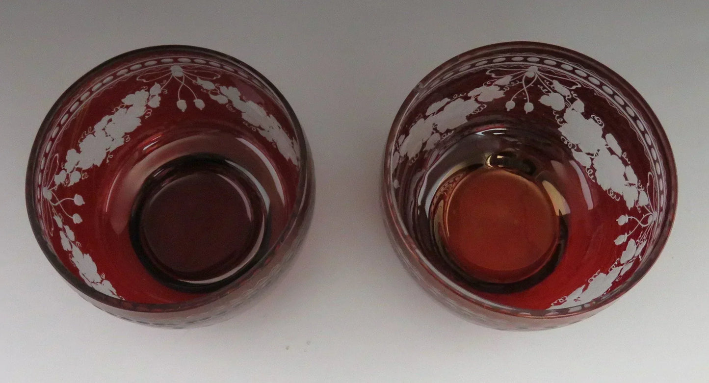 Beautiful Pair Antique Mid 1800s Bohemian Red Ruby Cut Glass Dessert Bowls (2/6)
