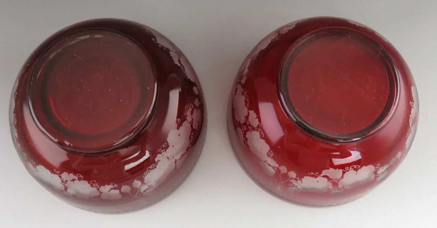 Beautiful Pair Antique Mid 1800s Bohemian Red Ruby Cut Glass Dessert Bowls (3/6)