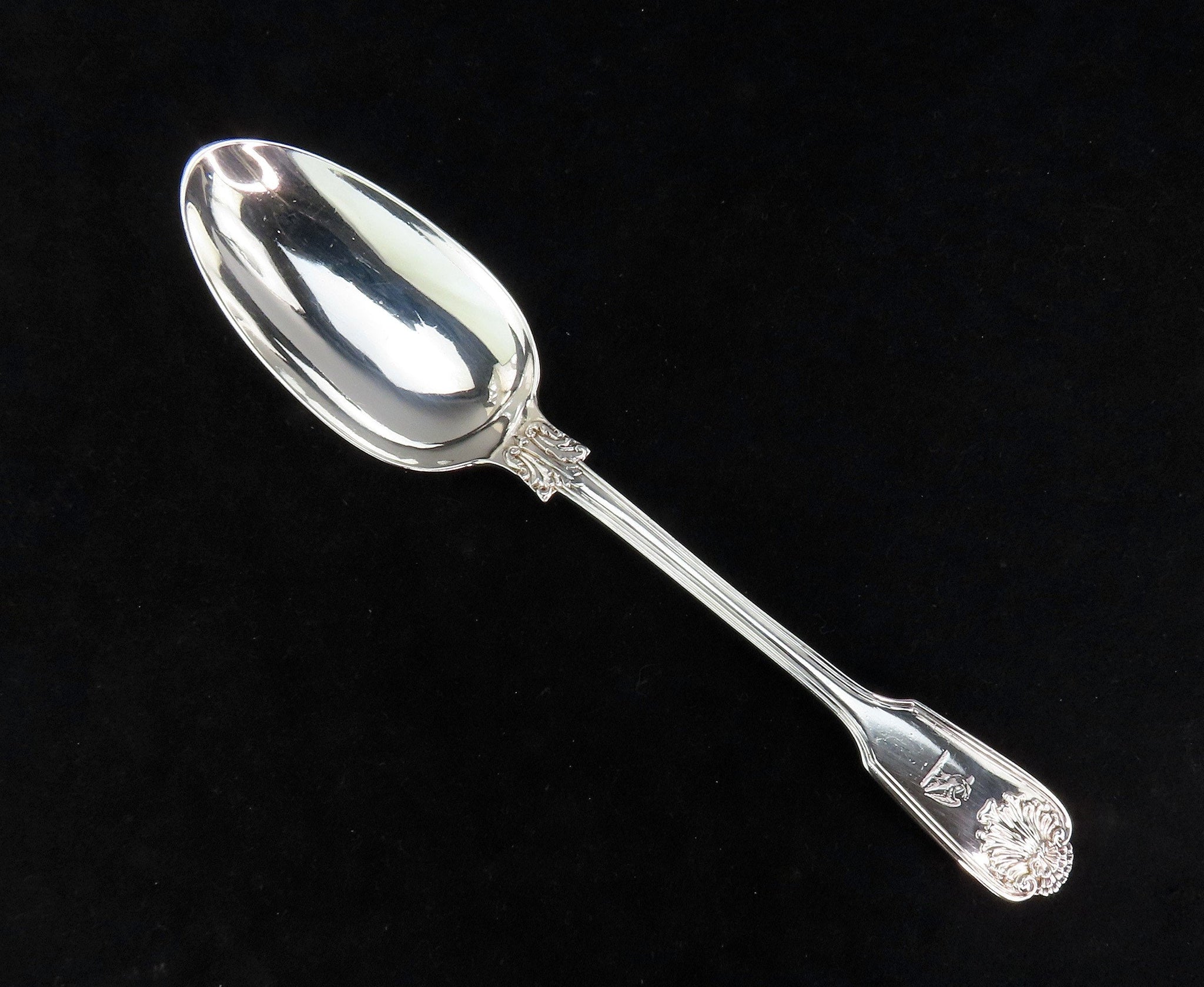 1854 Fiddle Shell Thread English Sterling Silver Serving Spoon Eagle Crest 9in