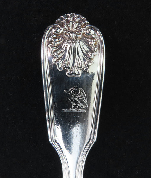 1854 Fiddle Shell Thread English Sterling Silver Serving Spoon Eagle Crest 9in