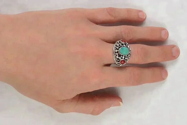 Neat Bali Silver Coral & Turquoise Stone Statement Dome Ring