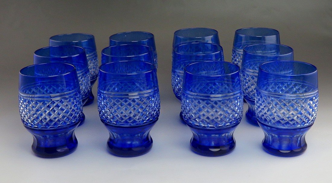 12 Antique Cobalt Blue Cut to Clear Diamond Pattern Tumblers/Glasses