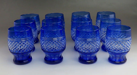 12 Antique Cobalt Blue Cut to Clear Diamond Pattern Tumblers/Glasses