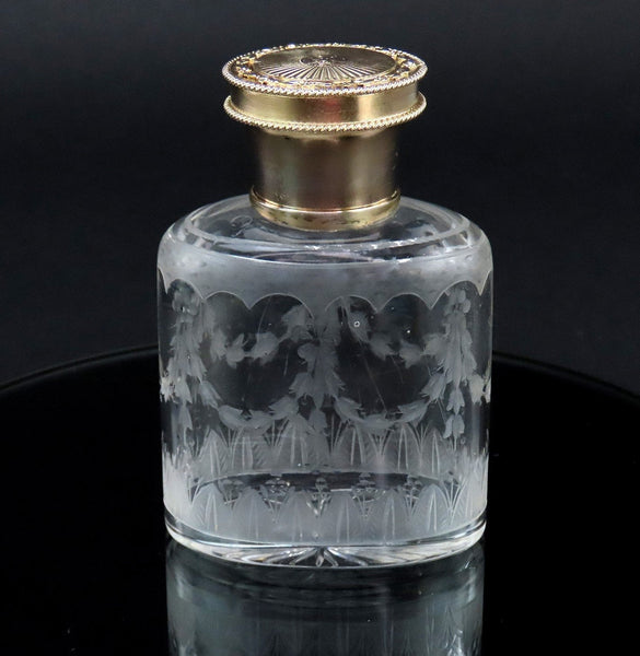 1926 English Sterling Silver Gilt Cut Frosted Glass Dresser Perfume Bottle 2/4