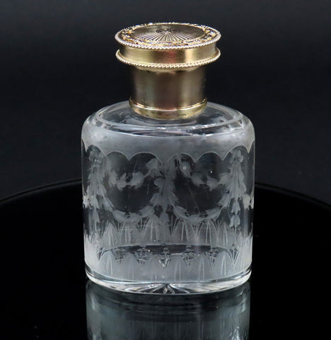 1926 English Sterling Silver Gilt Cut Frosted Glass Dresser Perfume Bottle 1/4