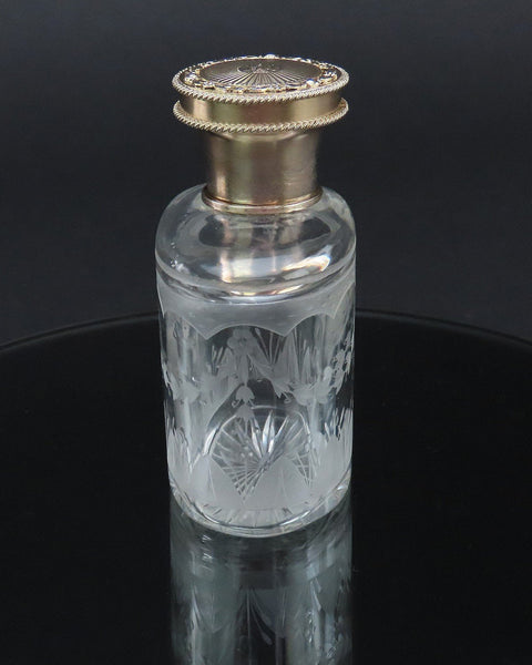 1926 English Sterling Silver Gilt Cut Frosted Glass Dresser Perfume Bottle 2/4