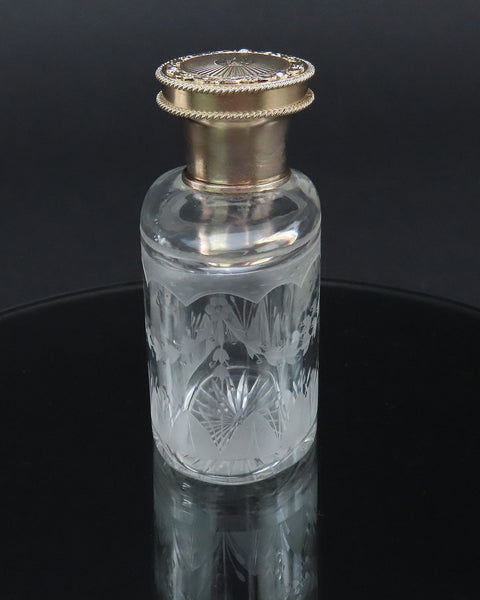 1926 English Sterling Silver Gilt Cut Frosted Glass Dresser Perfume Bottle 1/4