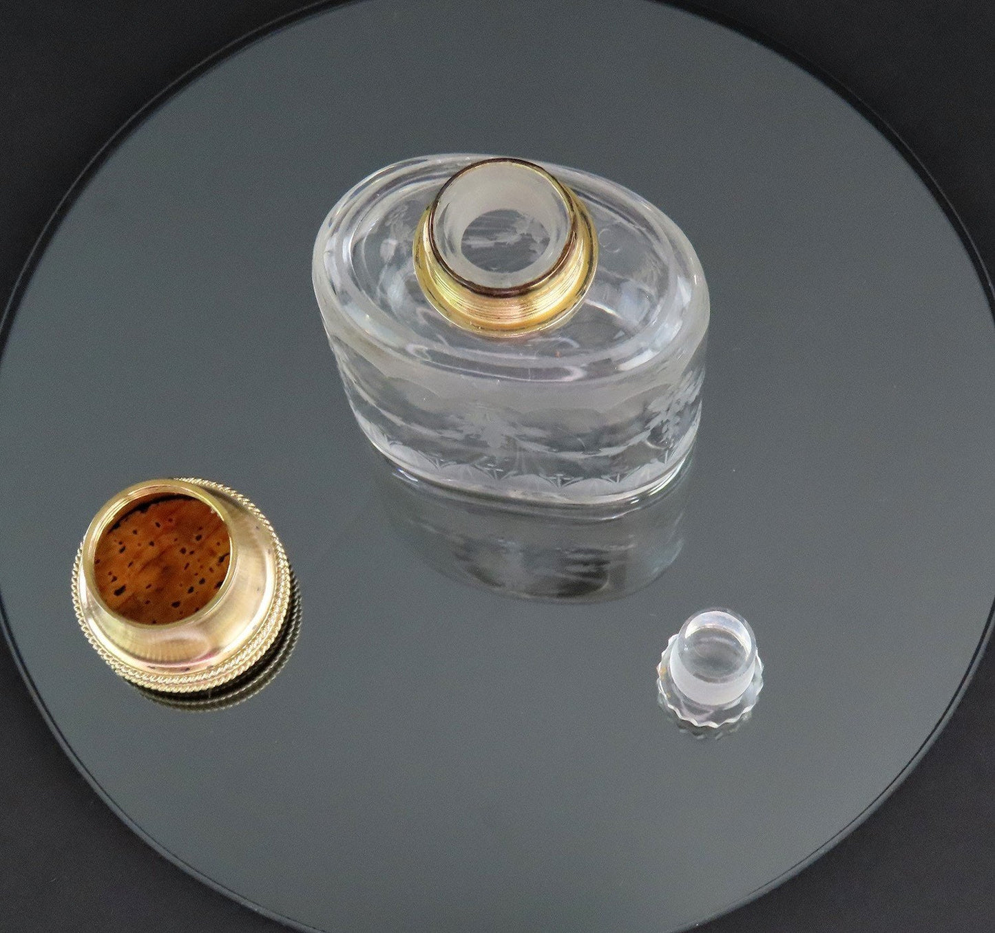 1926 English Sterling Silver Gilt Cut Frosted Glass Dresser Perfume Bottle 2/4