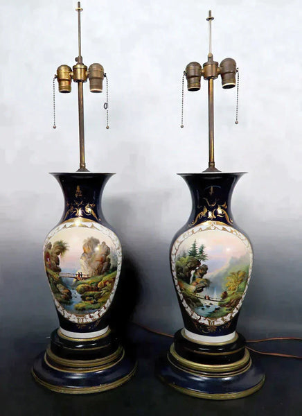 Pair Antique c1850 Paris Porcelain Painted Vases Custom Bases Converted Lamps