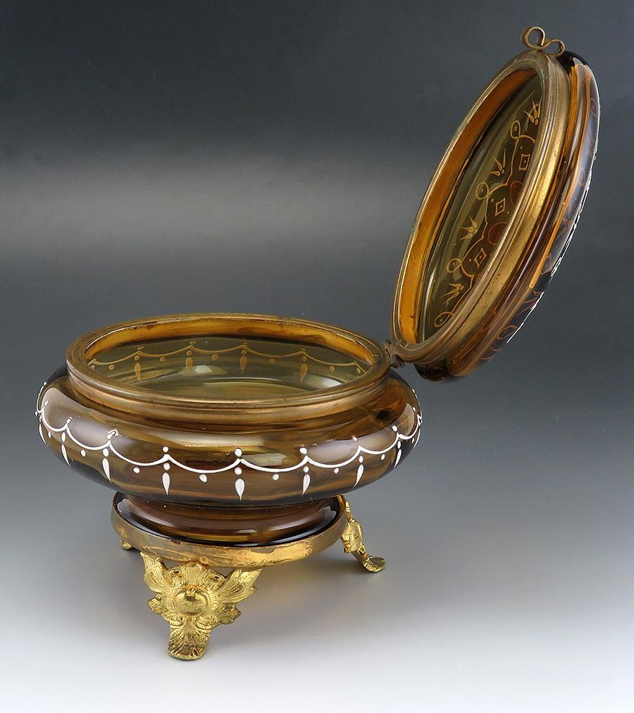 American Victorian Amber Glass Brass Impasto Enameled Dresser/Trinket/Vanity Box