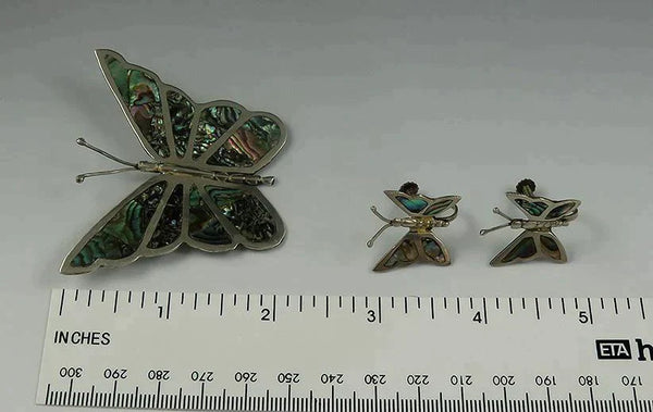 VTG Mexican Sterling Silver Abalone Butterfly Earrings Pin/Brooch Jewelry Set